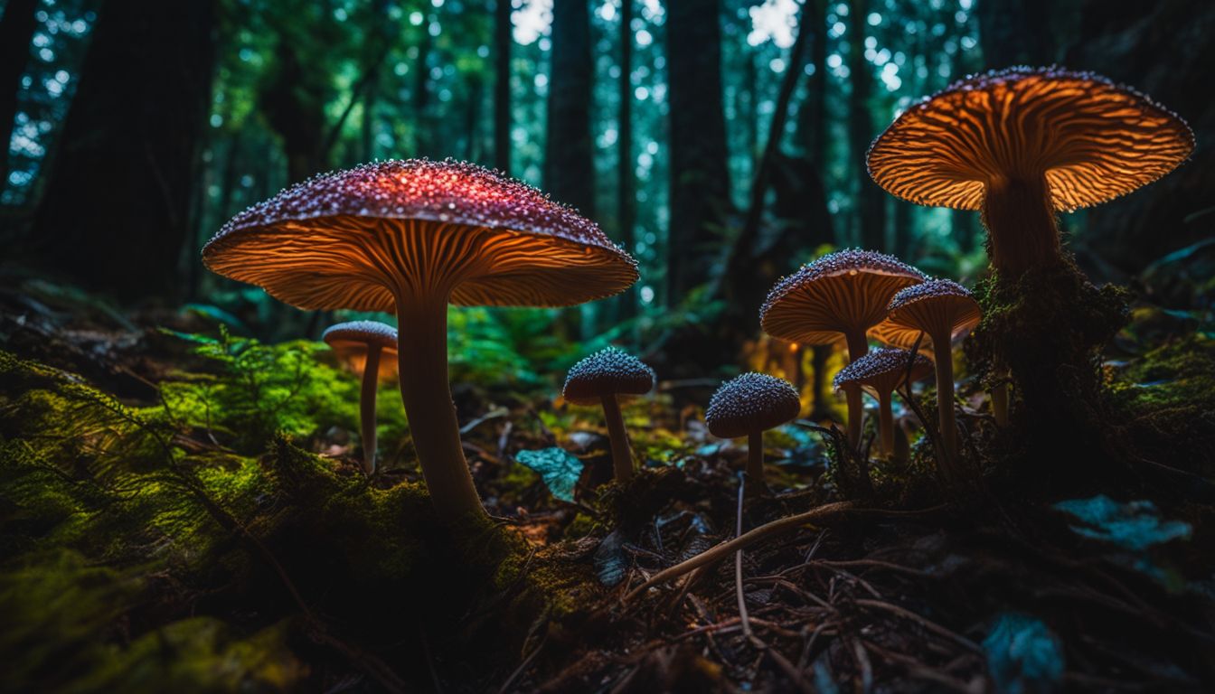 Psychedelic mushrooms growing in a mystical forest captured with professional cameras.