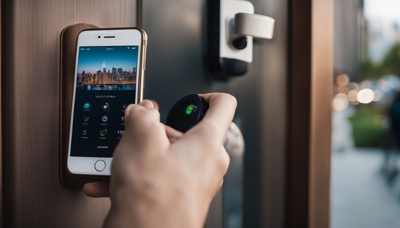 A smart lock on a front door with accompanying technology nearby.