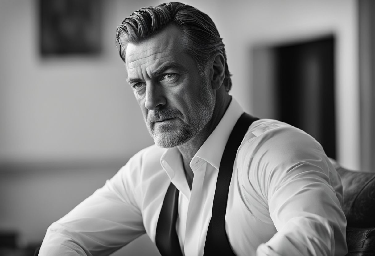 A dramatic black and white portrait of Ray Stevenson with intense expression and detailed features.