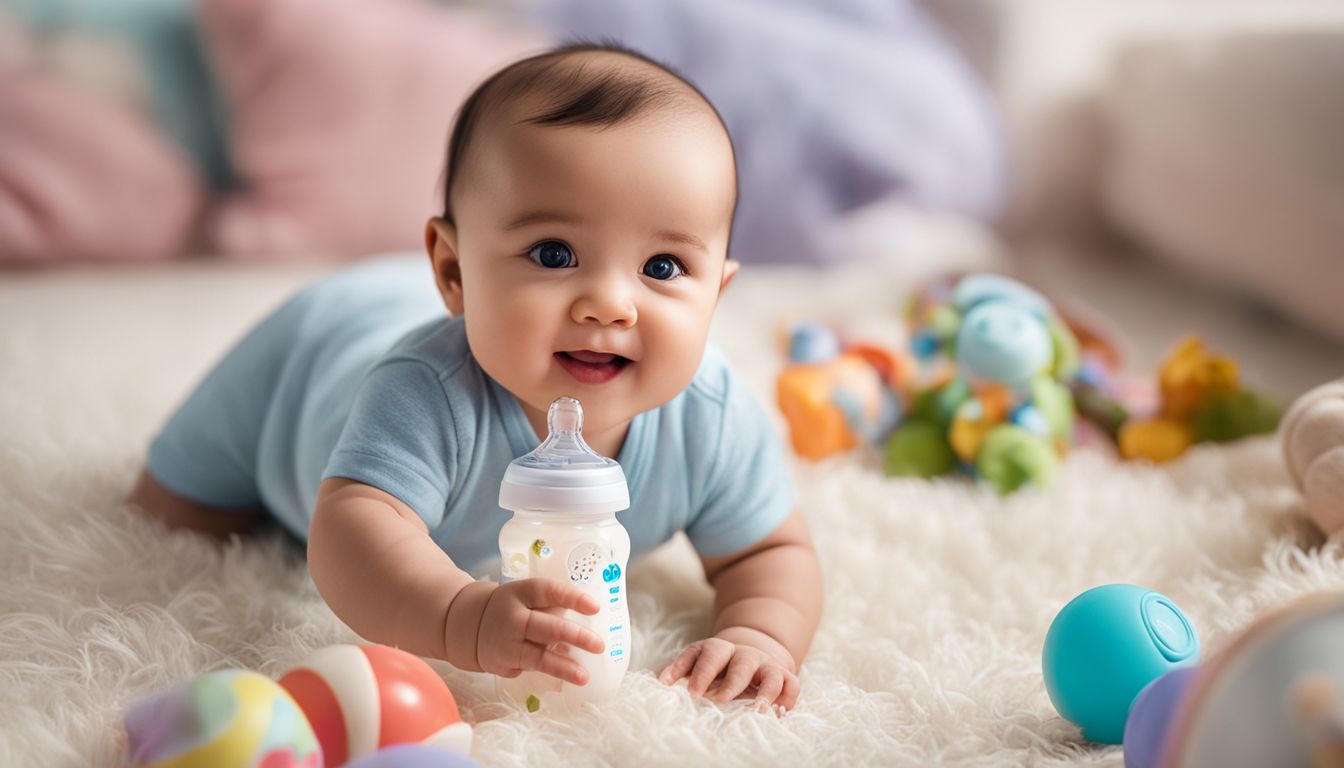 A cheerful baby holding a Philips Avent Natural Baby Bottle surrounded by toys.