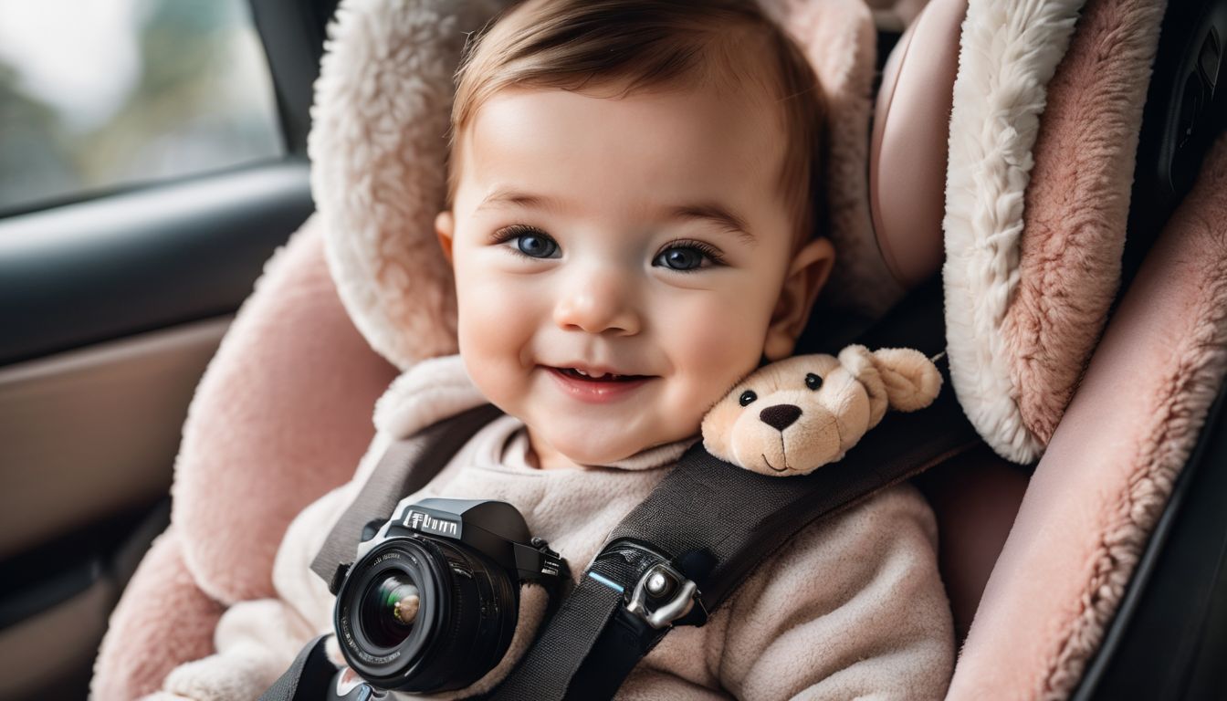 A smiling baby in a car seat with a plush toy.