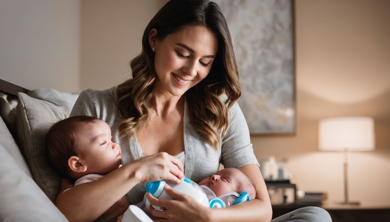 A mother bonding with her baby while using an electric breast pump.