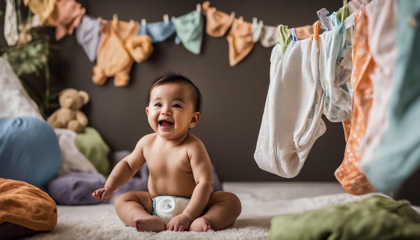 A happy baby surrounded by colorful cloth diapers hanging out to dry.