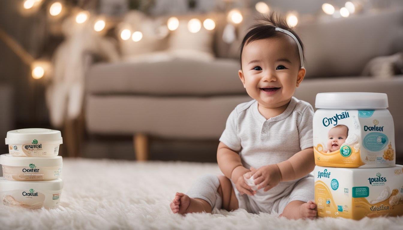 A smiling baby surrounded by a variety of diaper cream brands.