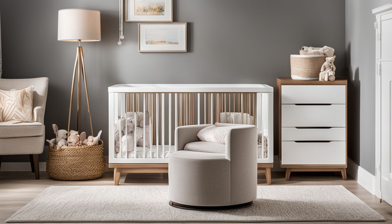 A modern nursery with a stylish diaper pail tucked away in the corner.