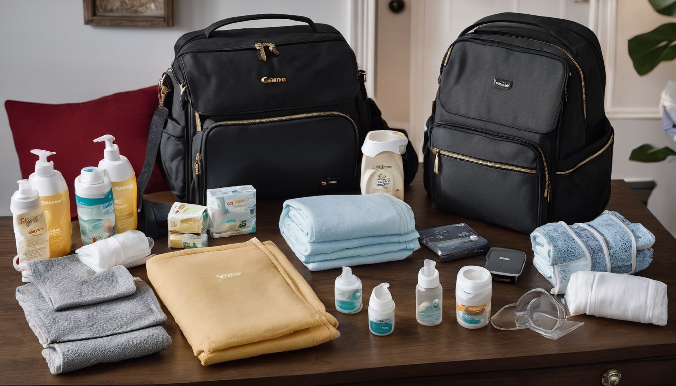 A diaper bag filled with essential items in a nursery setting.