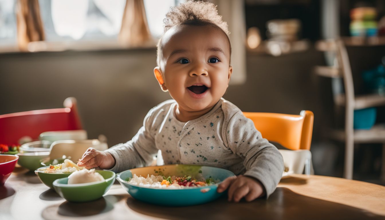 A happy baby surrounded by colorful plates and bowls.