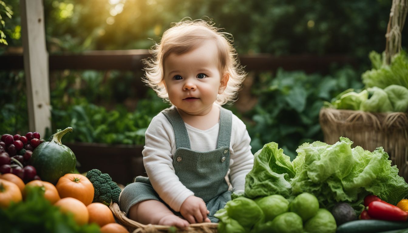 A baby sitting in a garden surrounded by fresh fruits and vegetables.