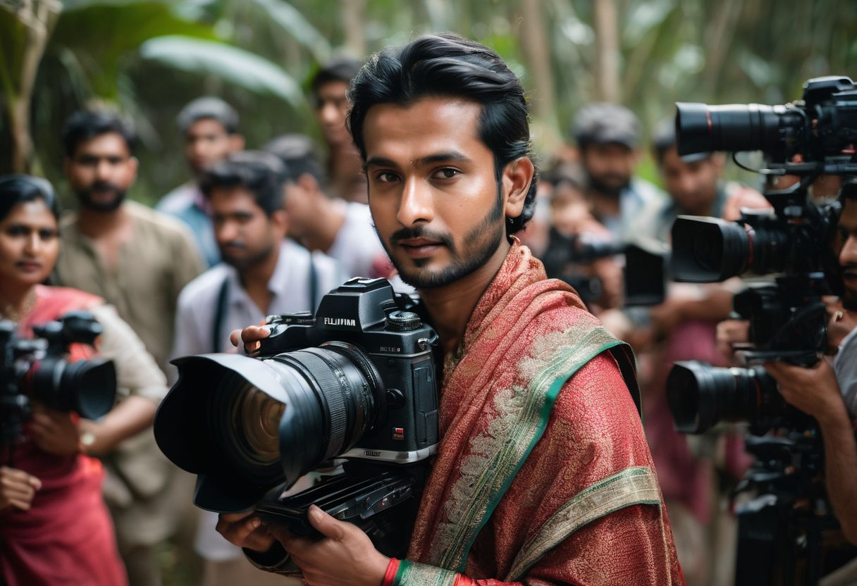 Arifin Shuvoo dressed in traditional Bangladeshi attire surrounded by film crew.