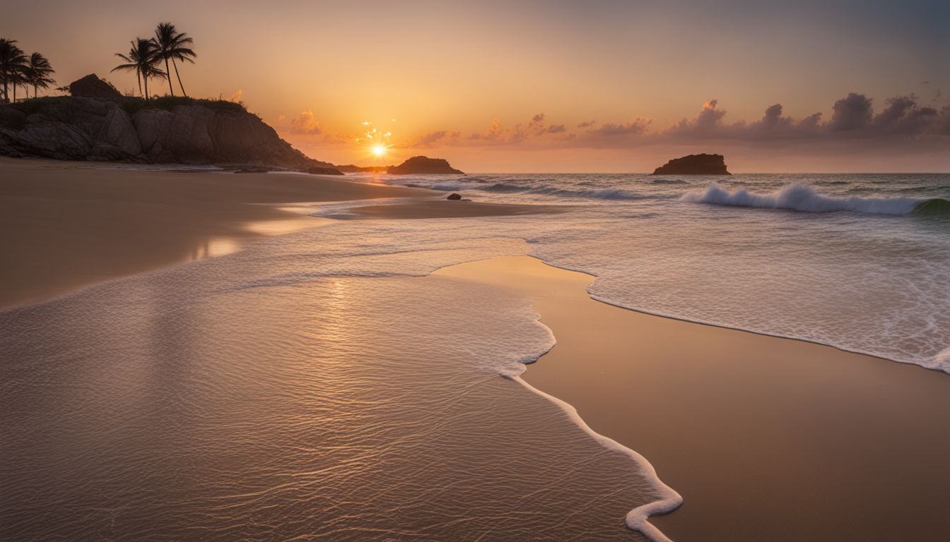 Une belle photo d'un coucher de soleil sur une plage tranquille.