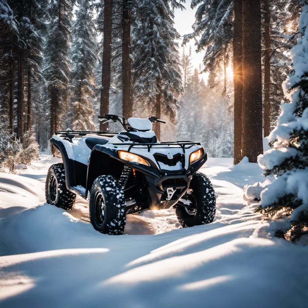 A snow-covered ATV parked in a serene winter wonderland backyard.