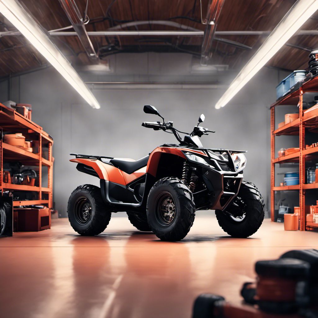 An ATV parked in a garage with organized lubrication tools.