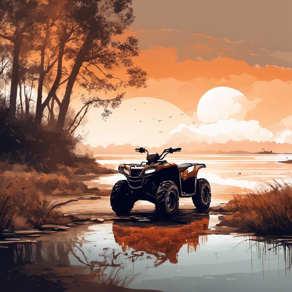Summary: Abandoned and rusted ATV parked by a muddy stream and beach.