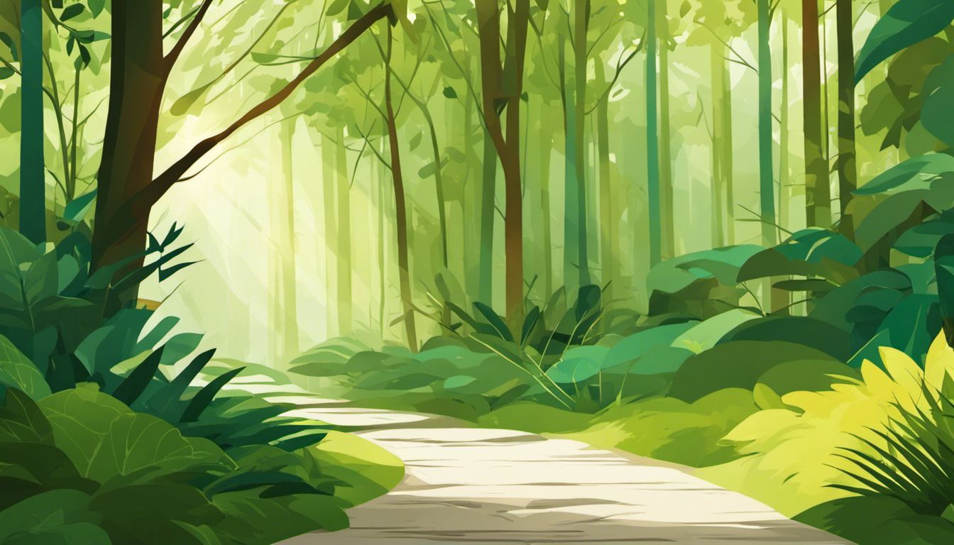 A peaceful forest pathway with sunlight and a gentle breeze.