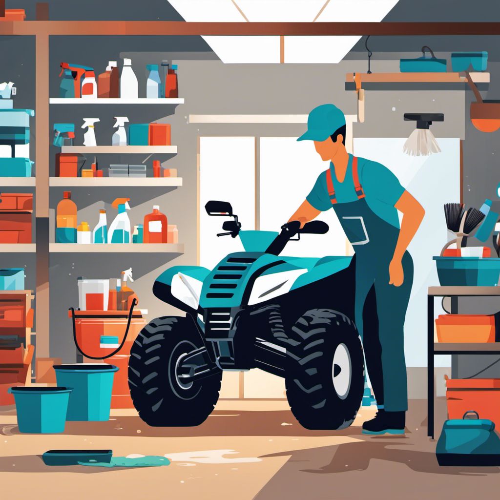 A person cleaning an ATV in a well-equipped garage with attention to detail.