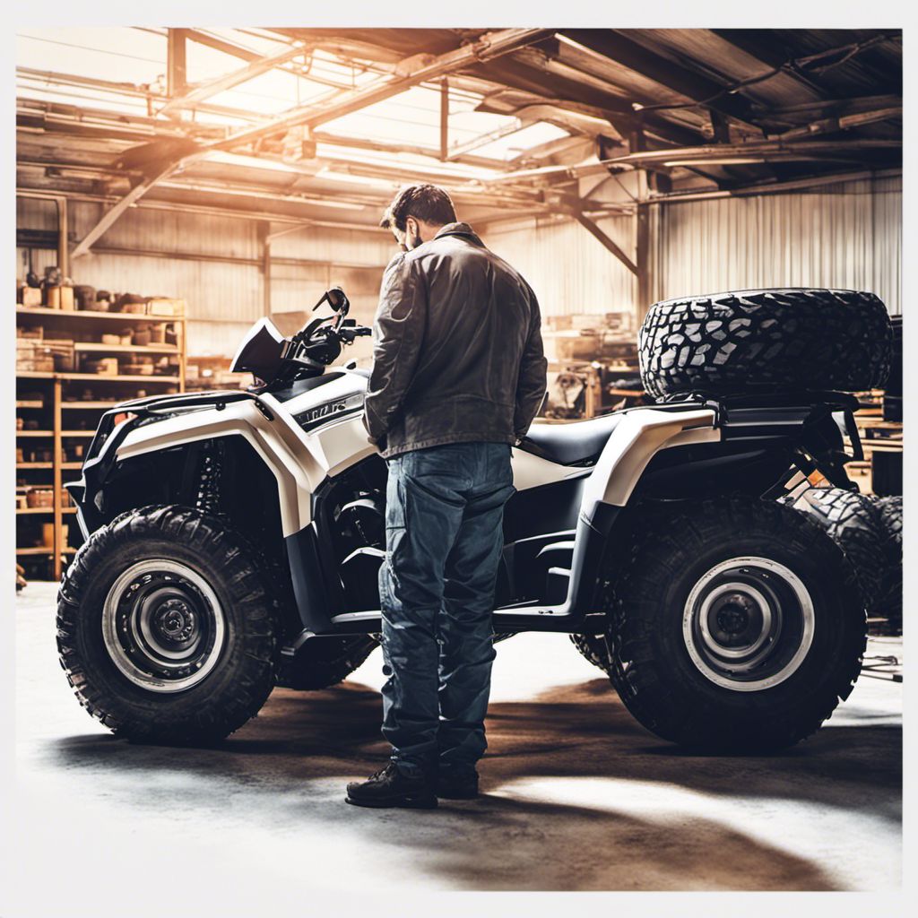 An ATV mechanic carefully inspects tires and battery in workshop.