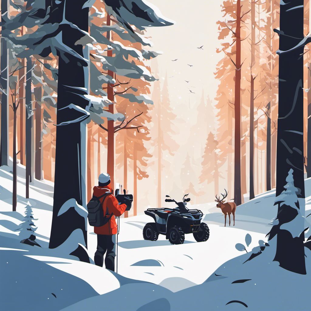 A person fixing an ATV in a snowy forest as a deer watches.