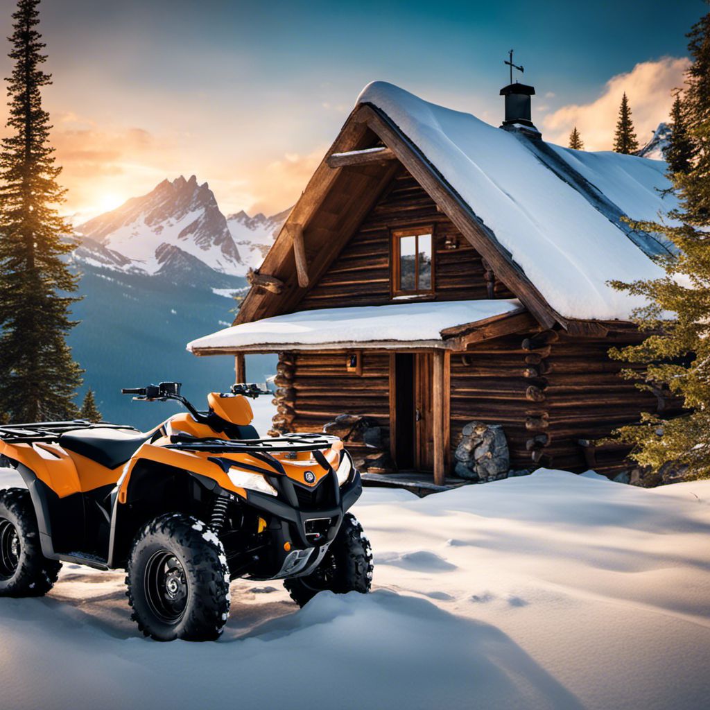 A rugged ATV parked outside a wooden cabin in snowy mountains.