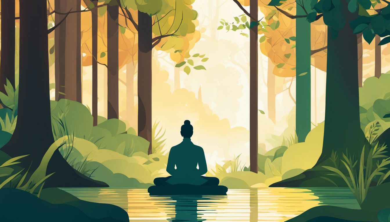 A person meditating peacefully in a serene forest surrounded by nature.
