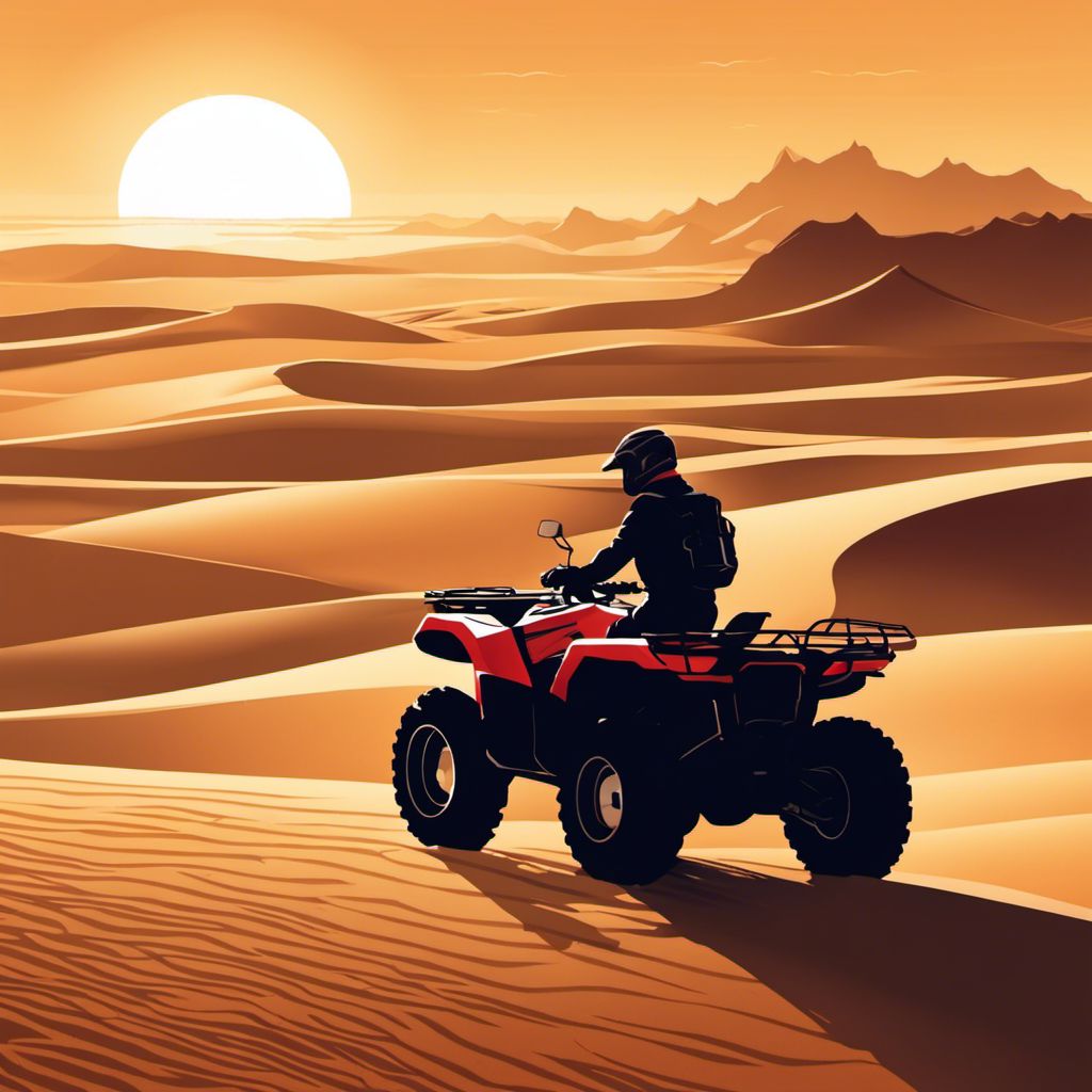 An ATV rider cleans the radiator in a vast desert landscape.
