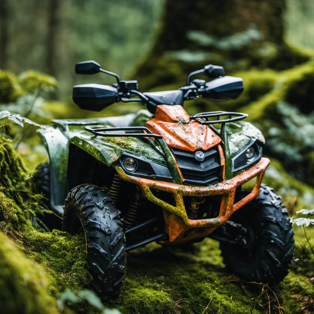 Close-up of a worn-out ATV plastic in overgrown moss and ivy.