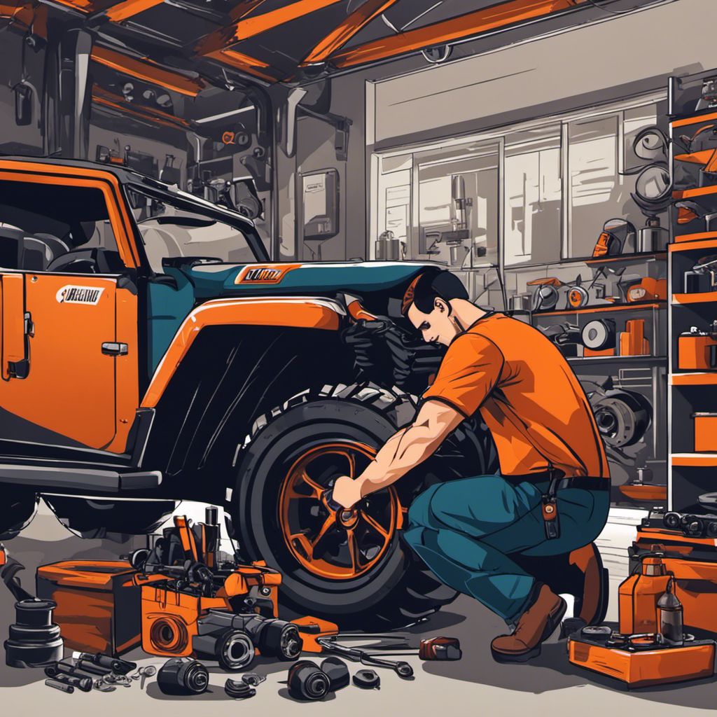 A mechanic inspecting ATV brakes amid tools and spare parts.