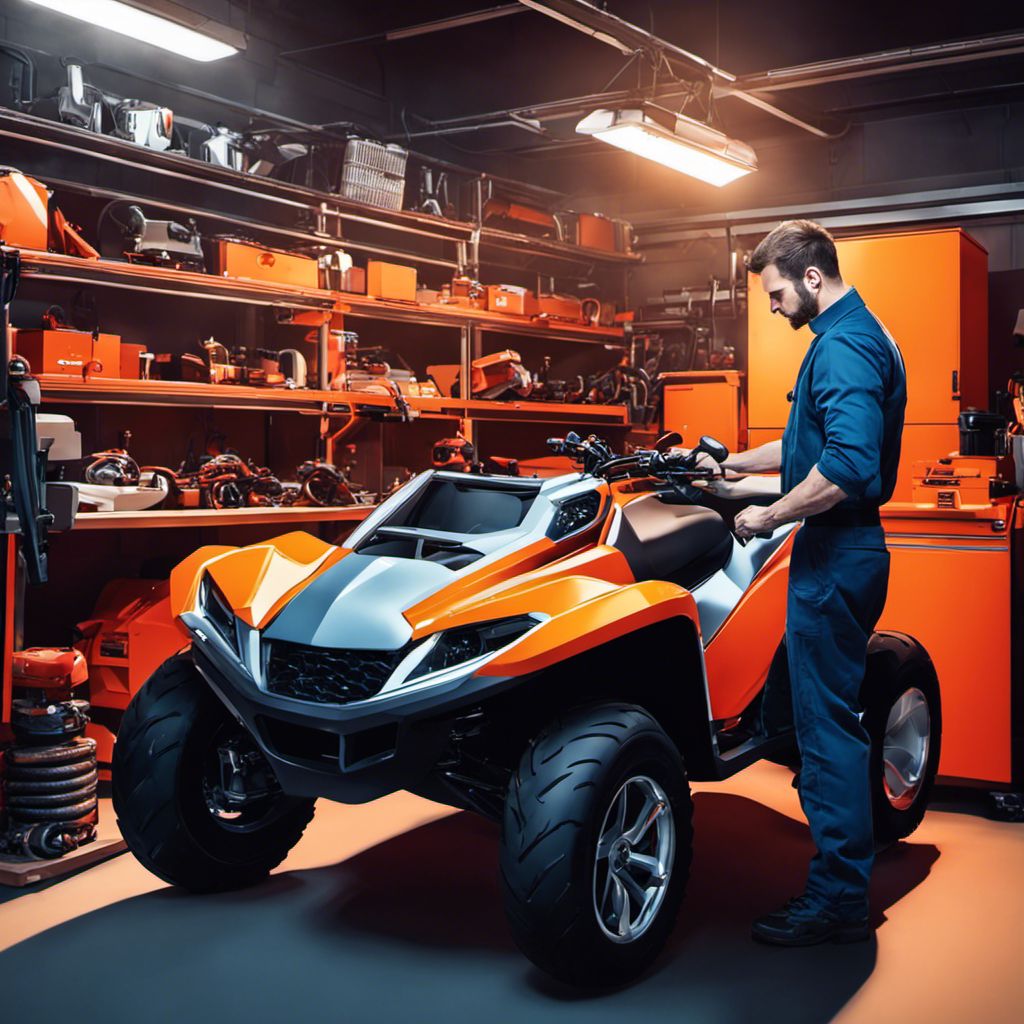 A mechanic carefully inspecting an ATV in a well-organized garage.