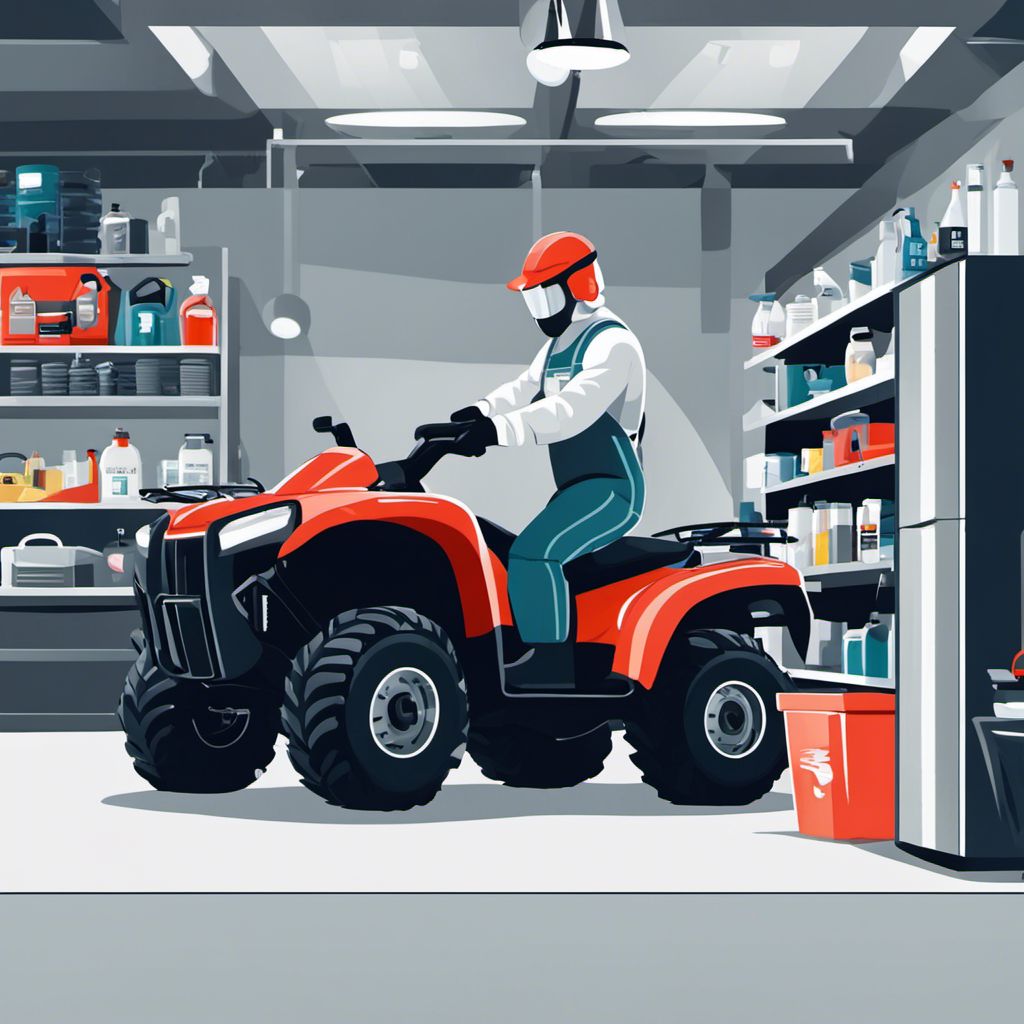 A person meticulously cleans ATV plastics with professional expertise in a well-organized garage.