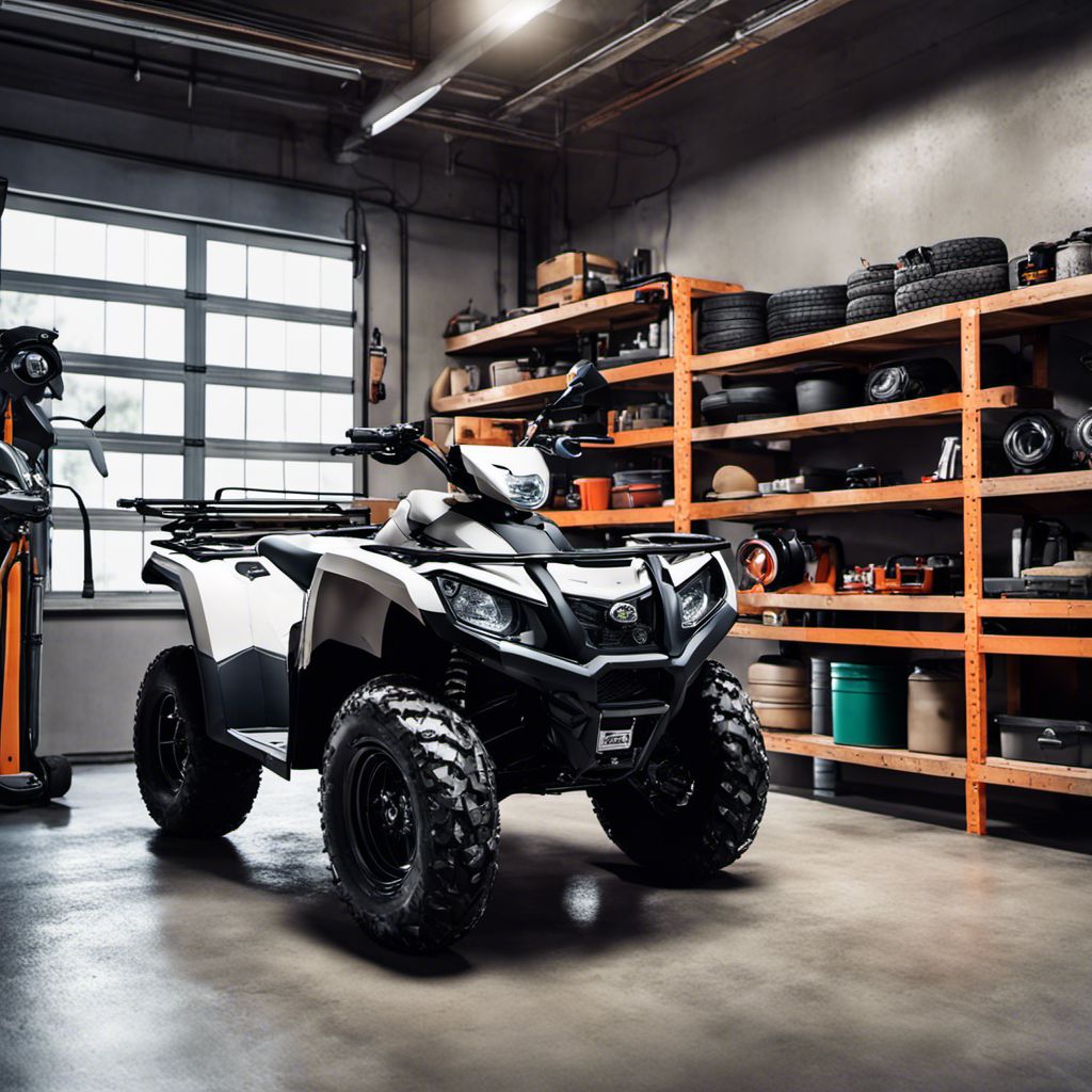 A well-kept garage displays a neatly organized ATV and tools.