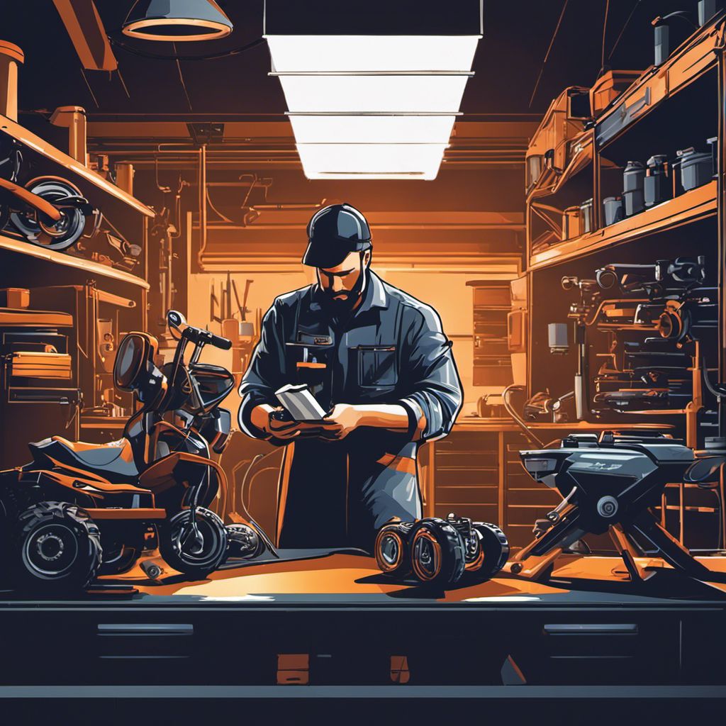 Expert mechanic examining ATV engine in organized garage with tools.
