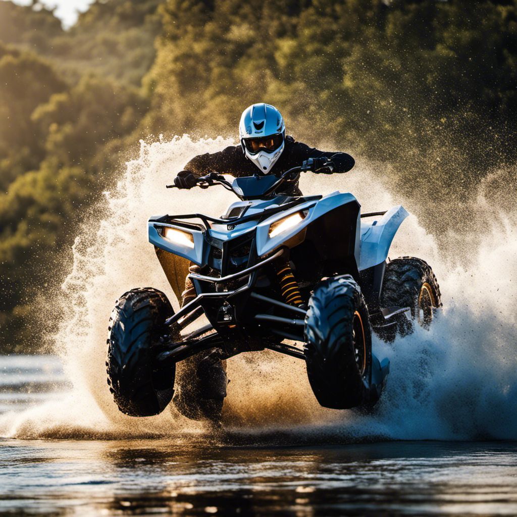 Action shot of a person energetically spraying water on an ATV.