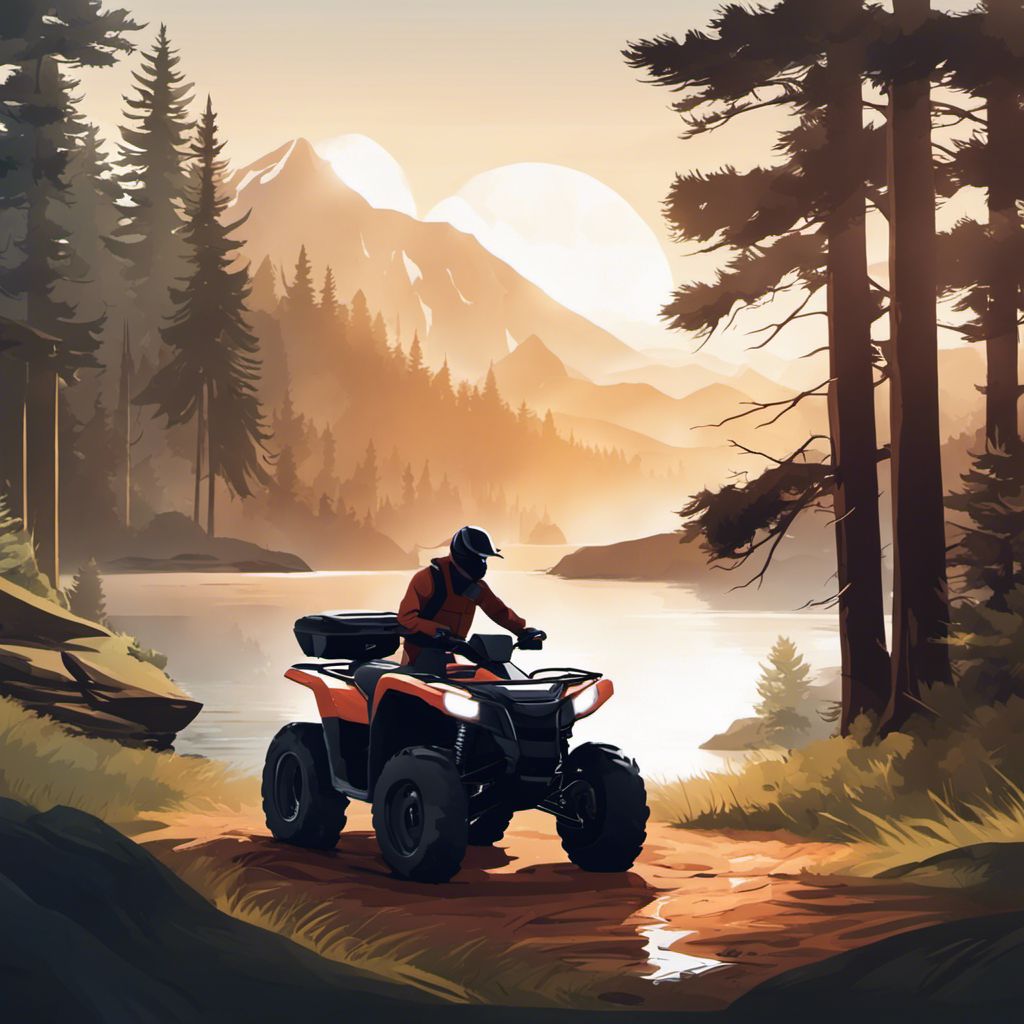 A person cleaning an ATV in a serene natural setting.