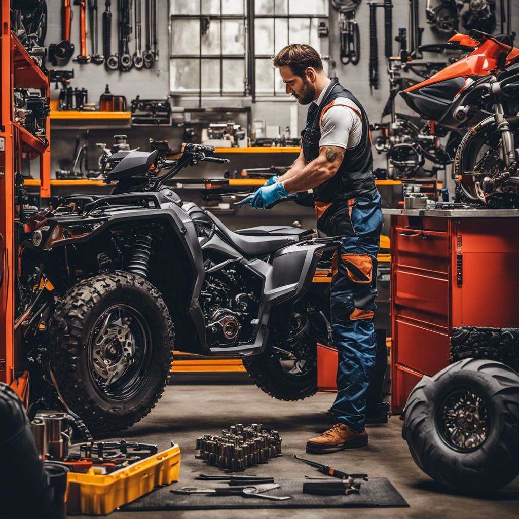 A mechanic carefully inspects an ATV engine surrounded by tools.