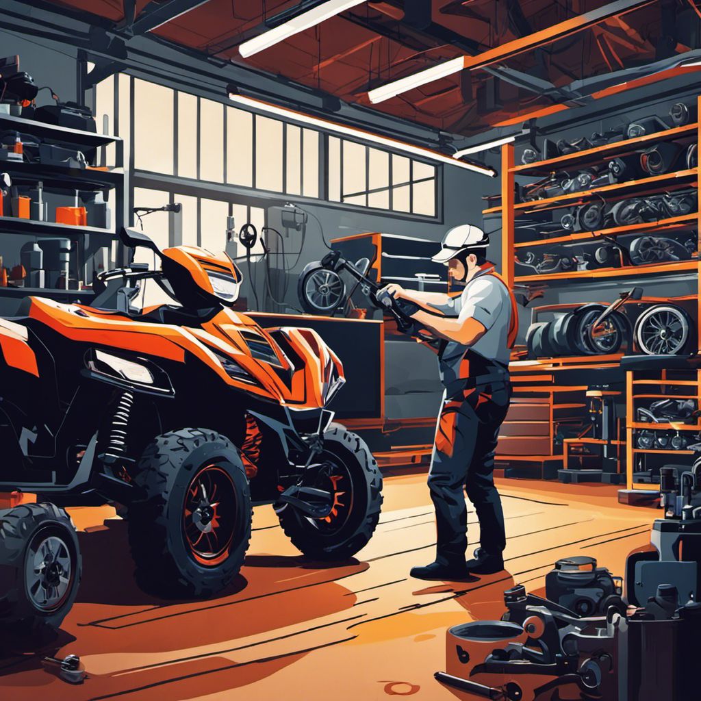 A mechanic expertly examines the suspension system of an ATV.