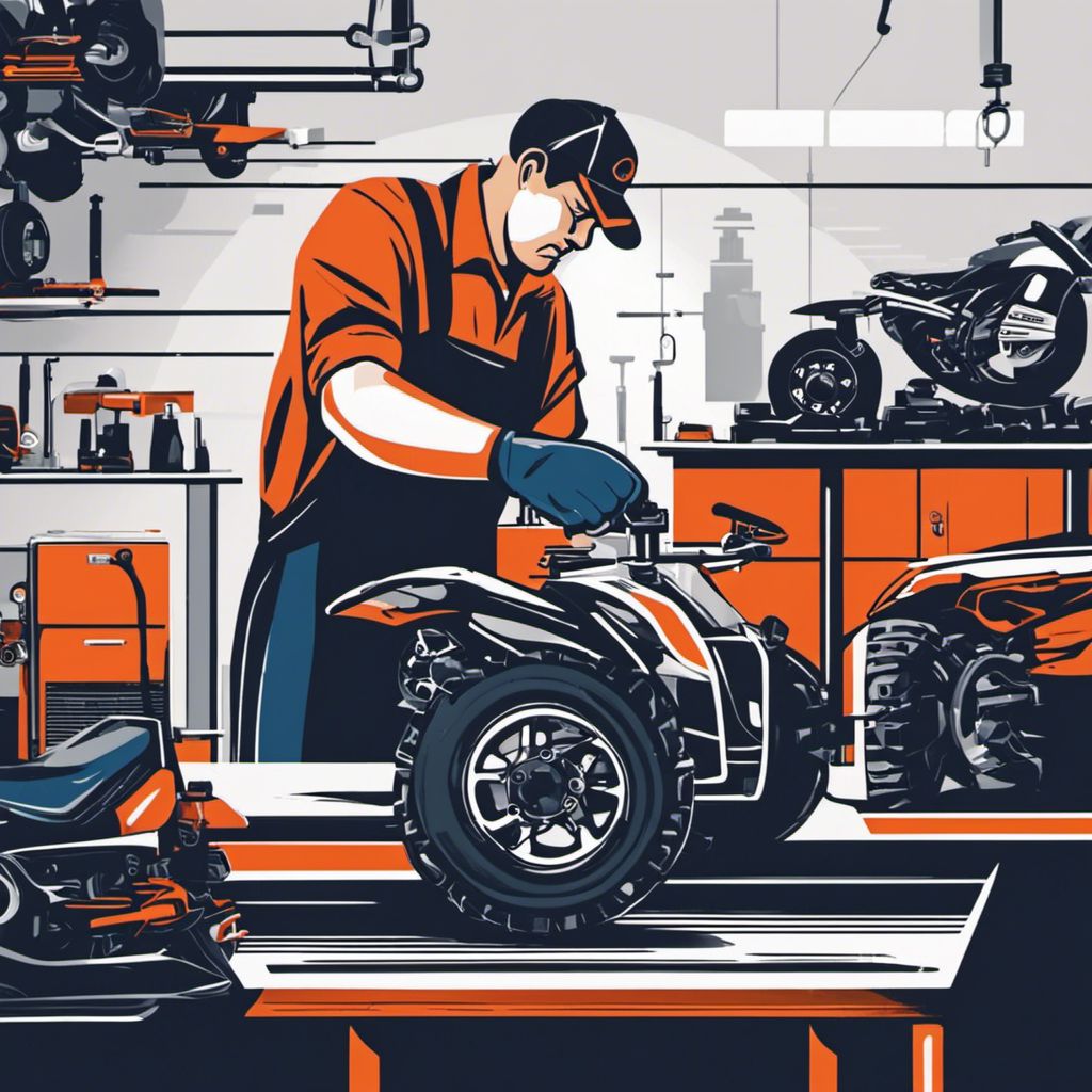A mechanic examines ATV brakes with precision and a tool kit.