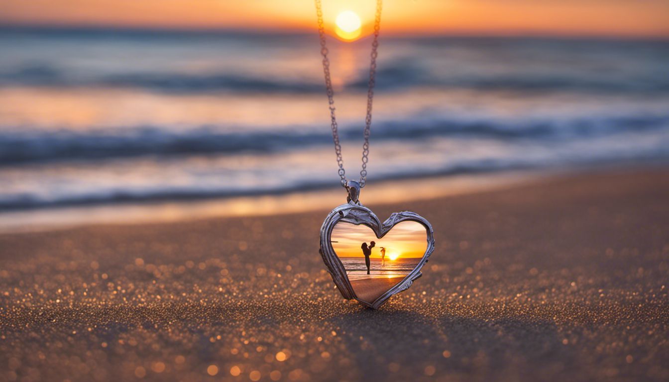 A broken heart-shaped necklace on a deserted beach at sunset.