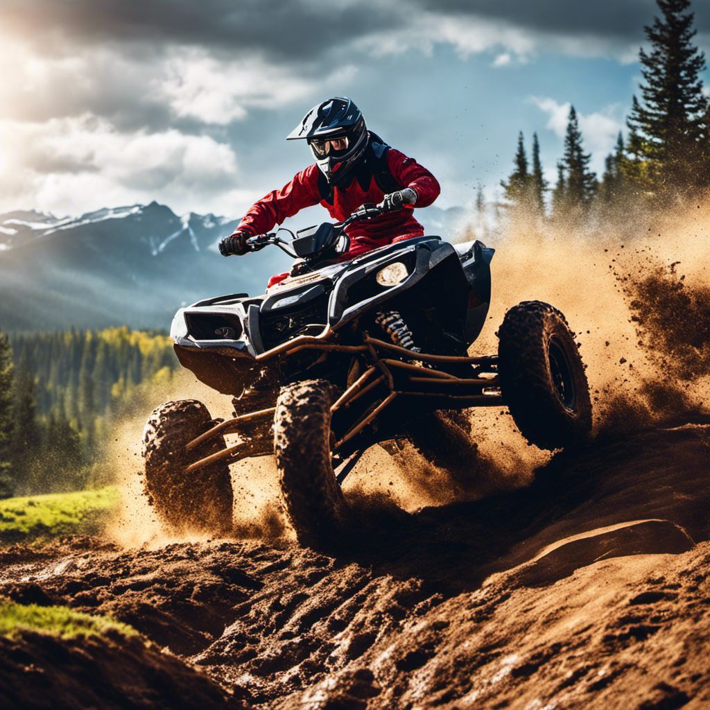 An ATV rider skillfully conquers a muddy trail amid picturesque beauty.