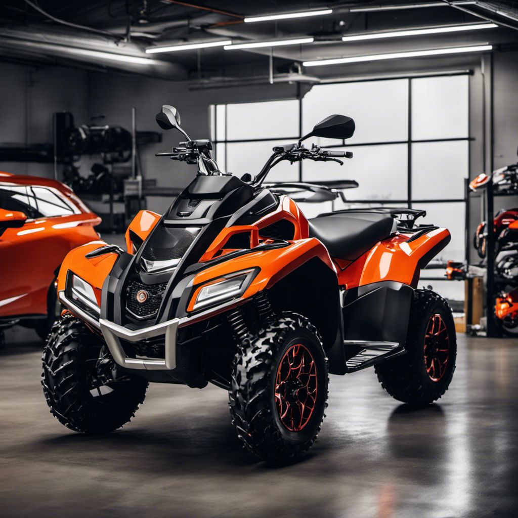 A perfectly stored ATV with a sleek, glossy design and vibrant accents.