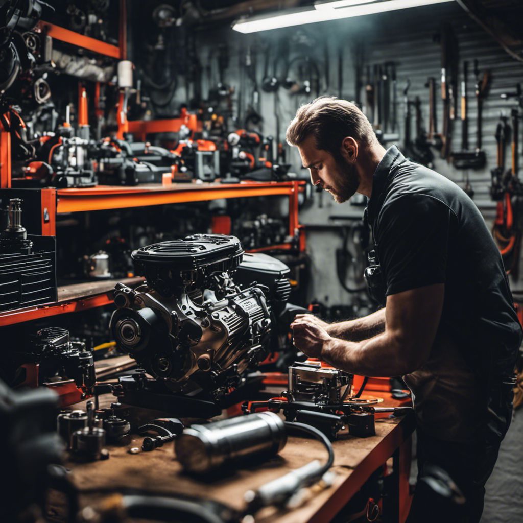 An ATV mechanic inspects an engine in a well-equipped garage.