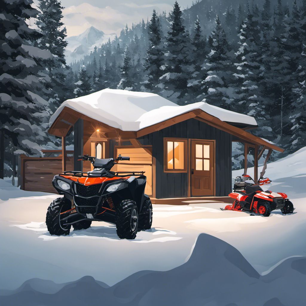 A snow-covered ATV in a cozy garage surrounded by winter gear.