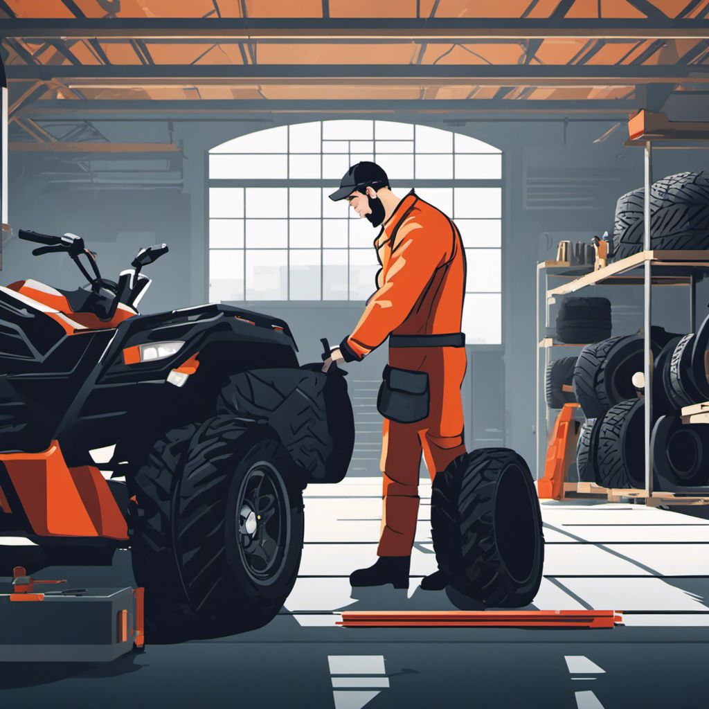 A mechanic carefully examines ATV tires in a clean, organized garage.