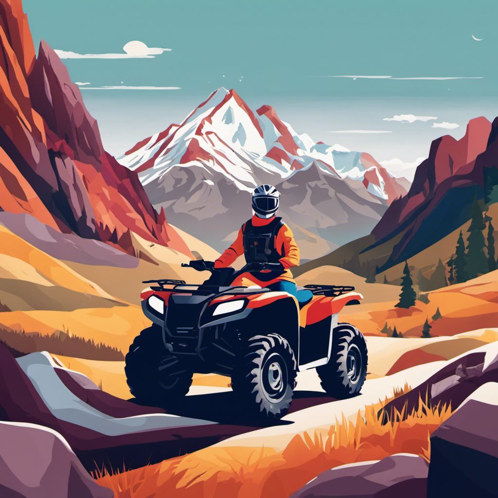 A person on an ATV amidst colorful cushions in a mountainous landscape.