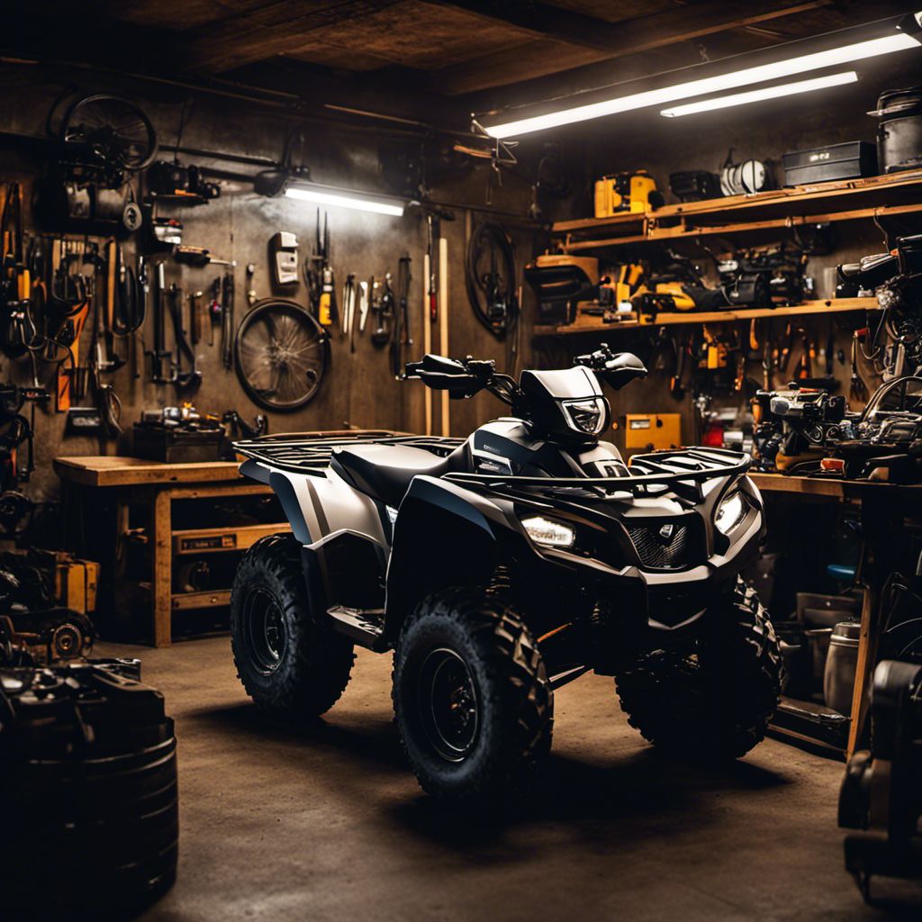 An ATV parked next to a tool bench in a garage.