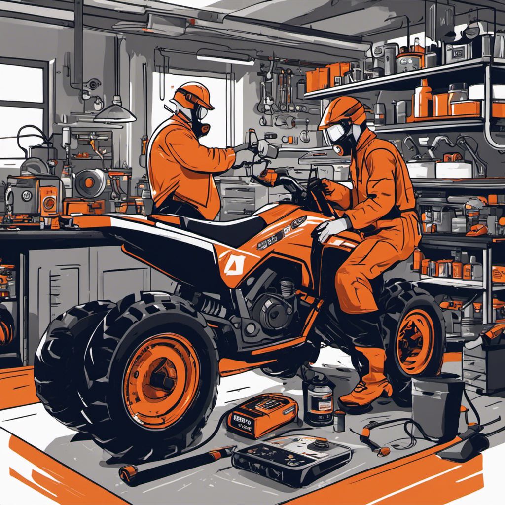 A mechanic in full gear inspects an ATV battery in a cluttered workshop.
