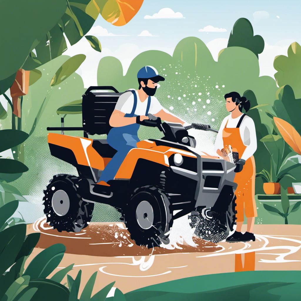 A person cleans an ATV with a high-pressure washer in a serene outdoor space.