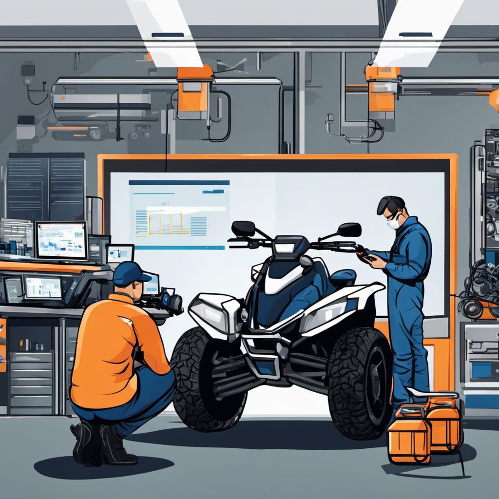 A mechanic inspecting an ATV in a high-tech repair facility.