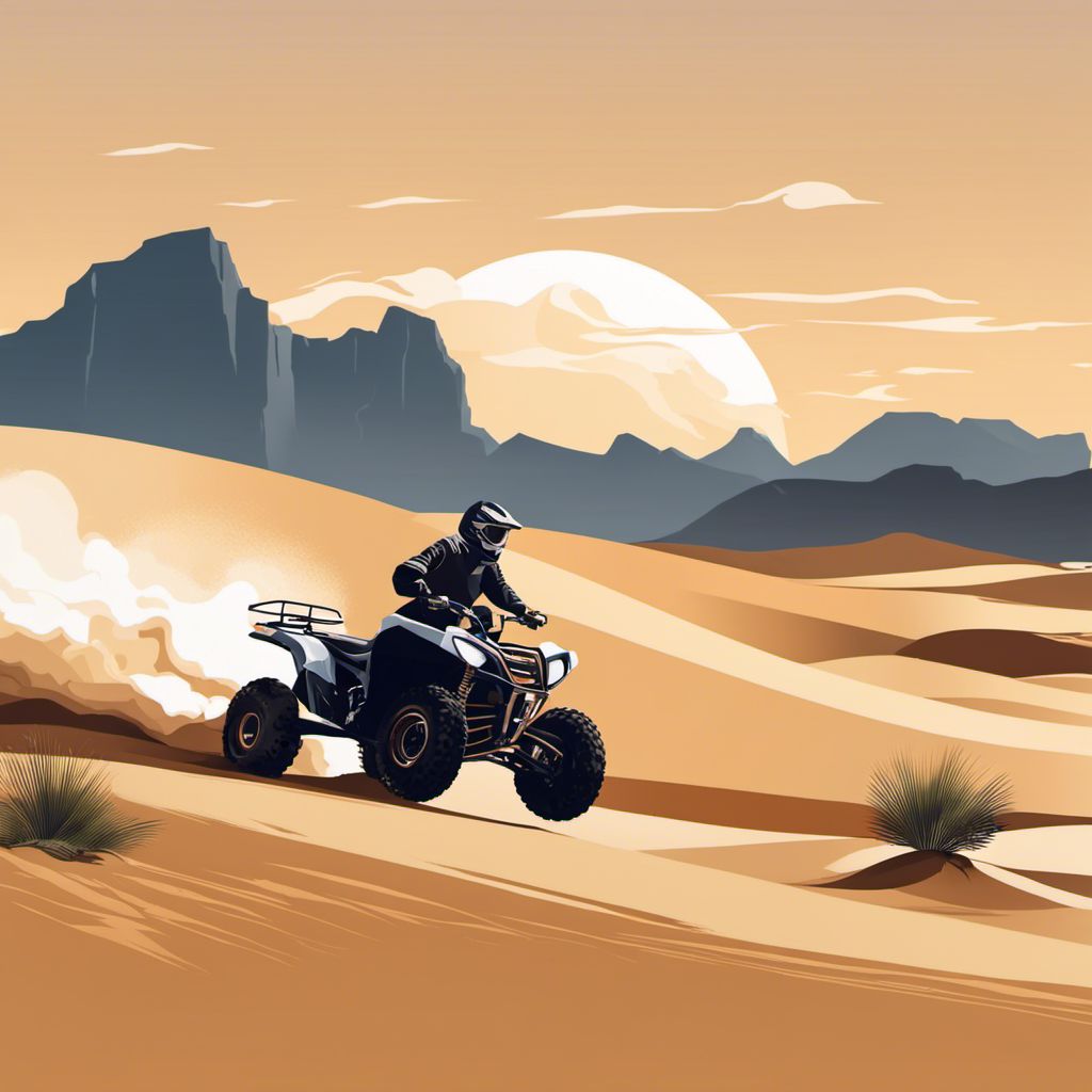 An ATV races through a desert landscape, showcasing power and freedom.