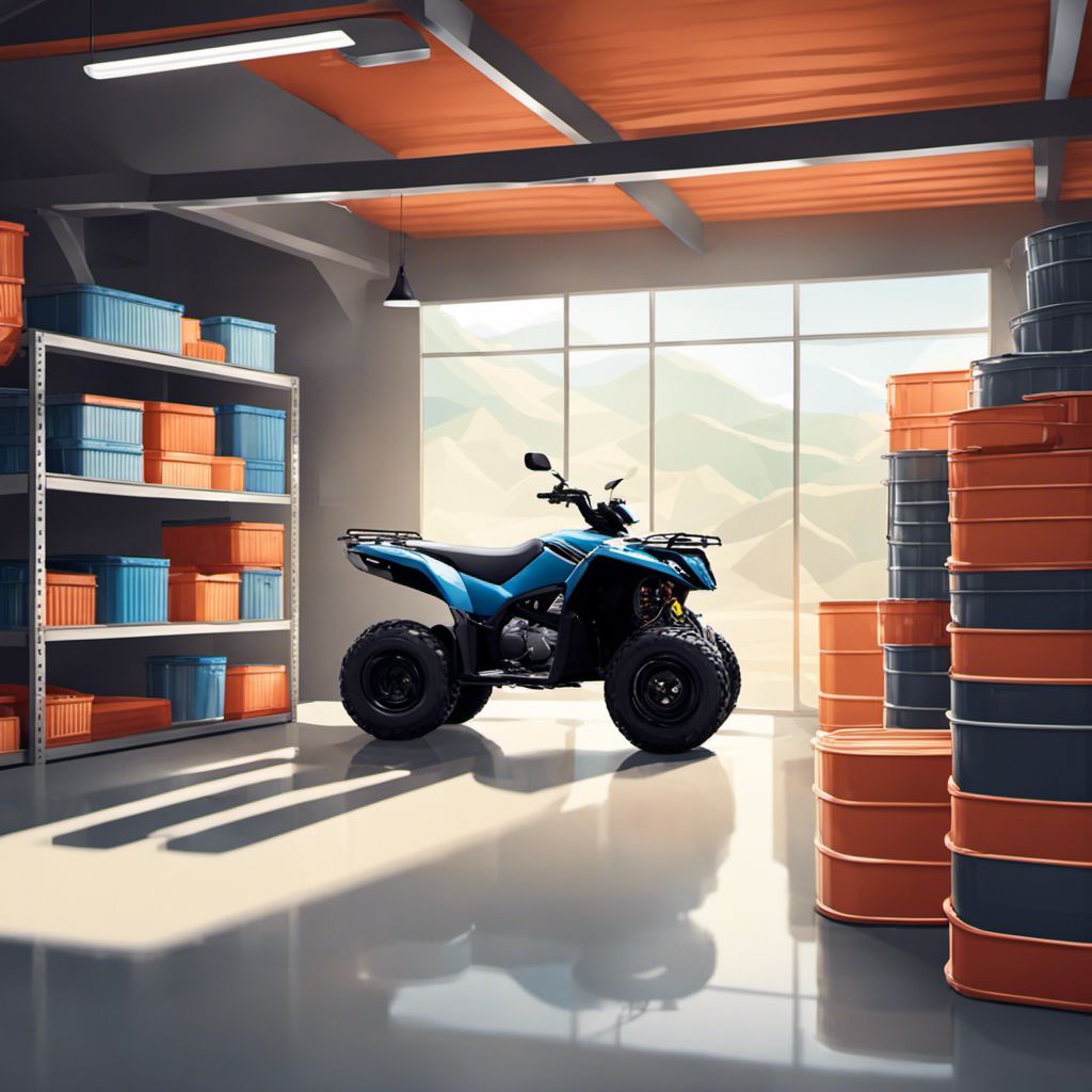 A neatly organized garage showcases a sleek ATV with metallic shine.