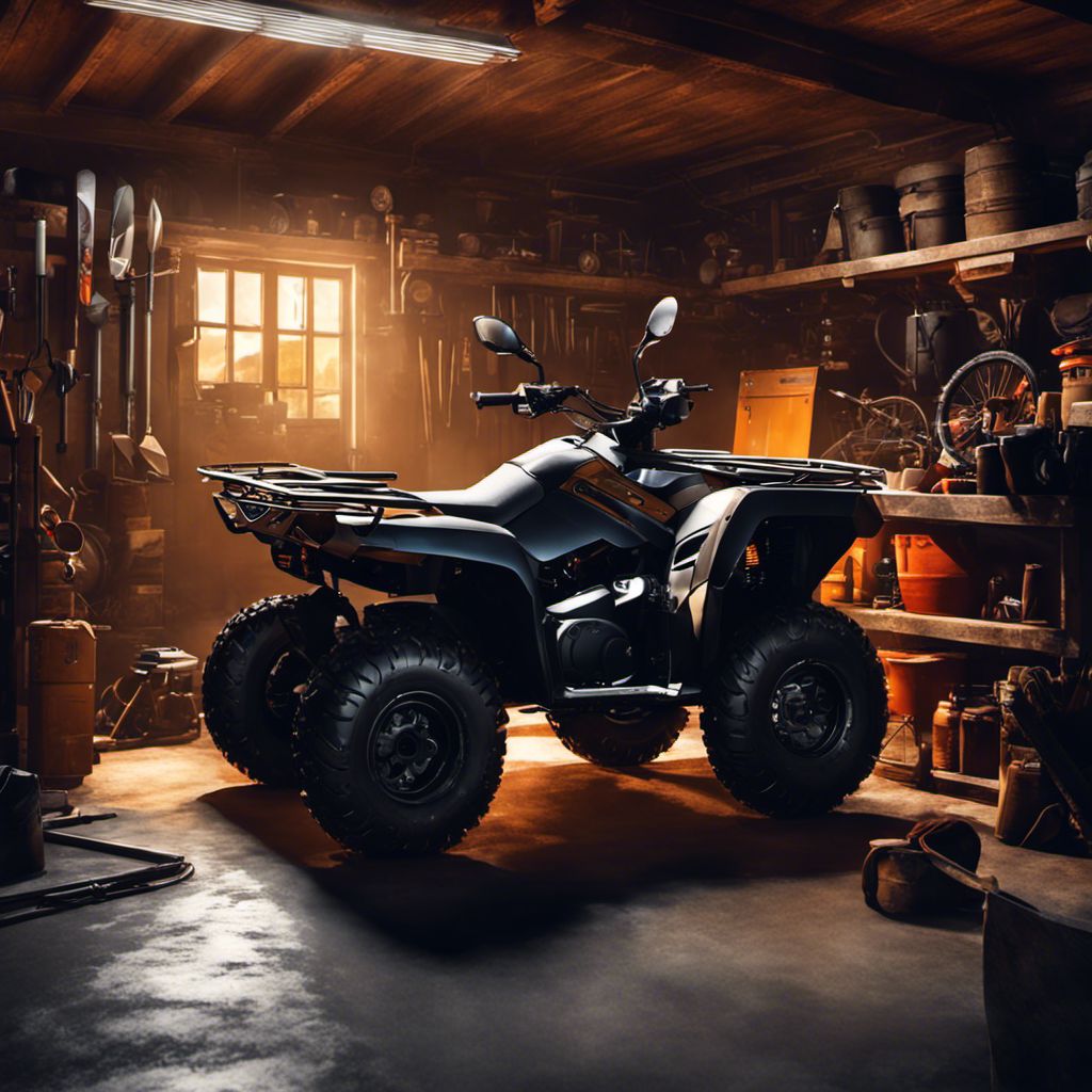 An ATV awaits adventure in a dimly lit garage surrounded by tools.