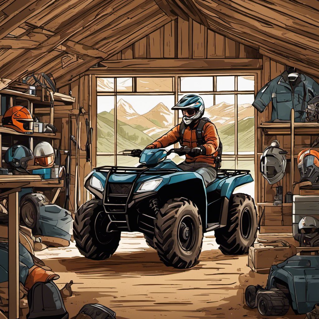 A person examines their ATV in a shed filled with gear and adventure-themed decor.